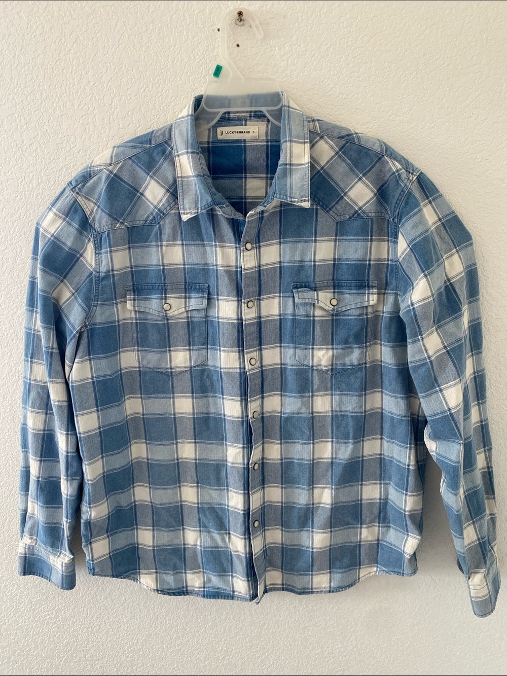 Lucky Brand Men’s XL Blue White Plaid Western Pearl Snap Long Sleeve Shirt